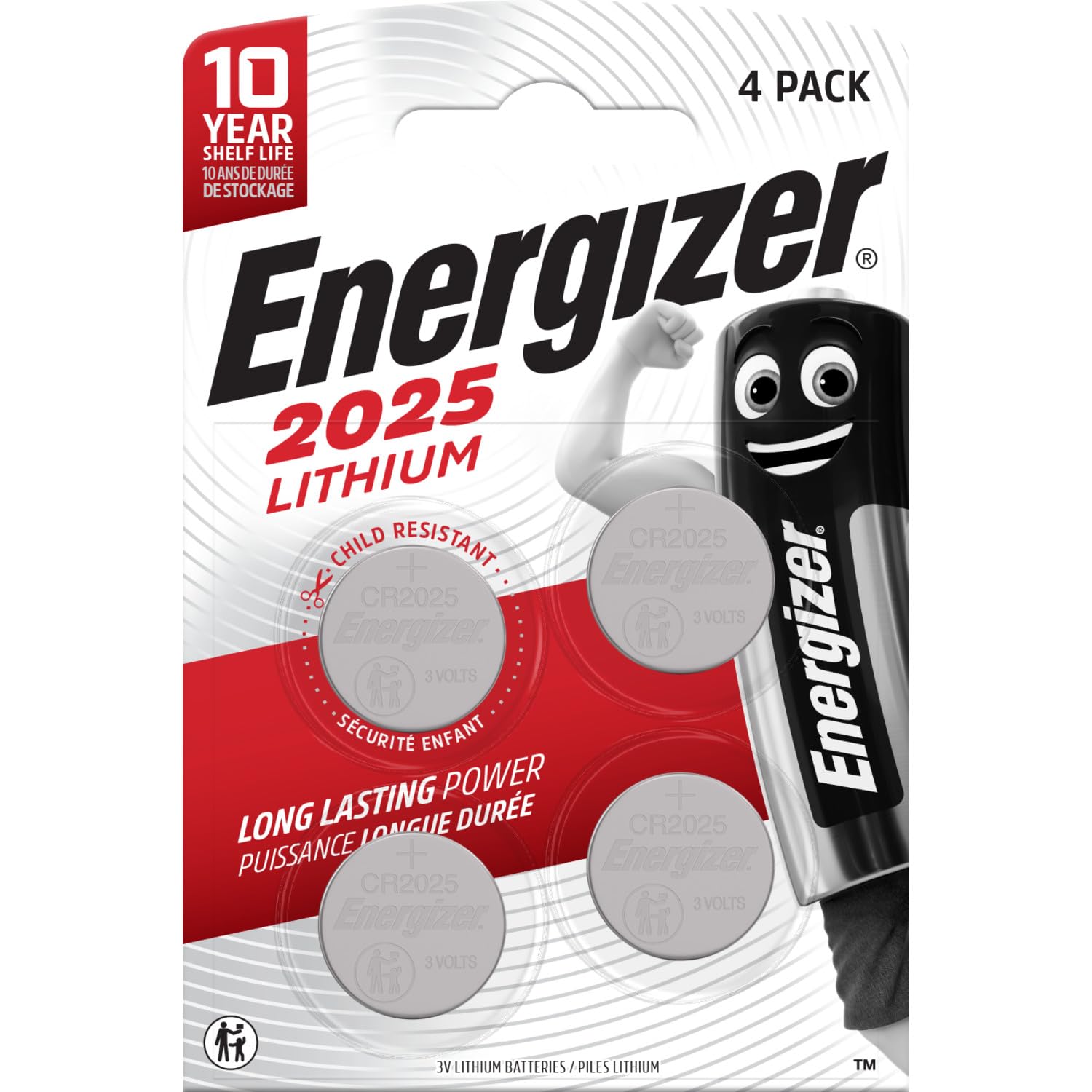 Energizer CR2025 Batteries (4 Pack) - Lithium 3V Coin Battery - Car Key Fobs, Watches, Home/Medical/Fitness Devices - 10 Year Shelf Life - Child Resistant Packaging