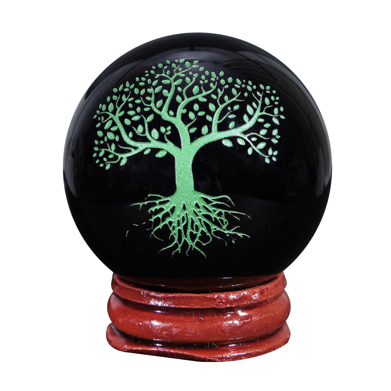 mookaitedecor Engraved Tree of Life Symbol Black Obsidian Crystal Ball Sphere Ornament with Wooden Stand, Healing Crystal Stone Wiccan Witchcraft Gifts Reiki Spiritual Room Desk Decor(Green)
