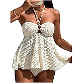 OYOANGLE Women's Tankini Bathing Suit Two Piece Textured Ring Linked Halter Swimsuit Beachwear