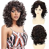 TISHINING Short Brown Curly Wigs for Black Women Dark Brown Mixed Blonde Highlights Bouncy Curly Wigs with Bangs Natual Looking Daily Party Synthetic Full Wigs for Women