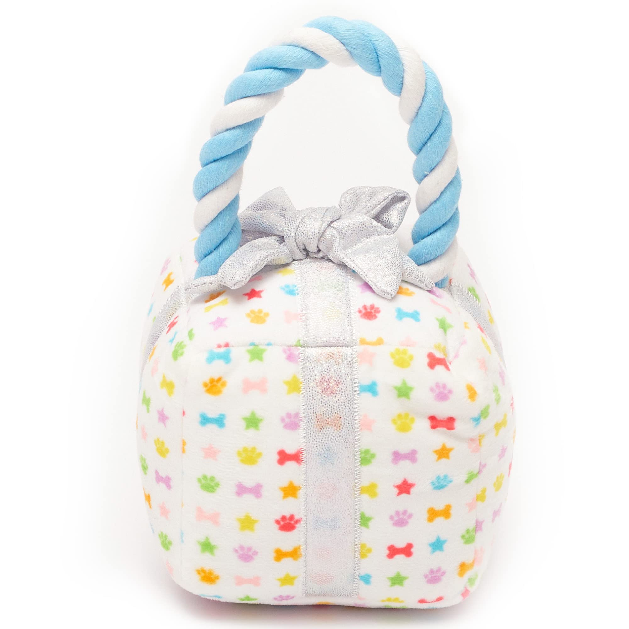 Pet London Present Gift Box Plush Toy with rope tug handle and sparkle bow, crinkle and squeaker inside