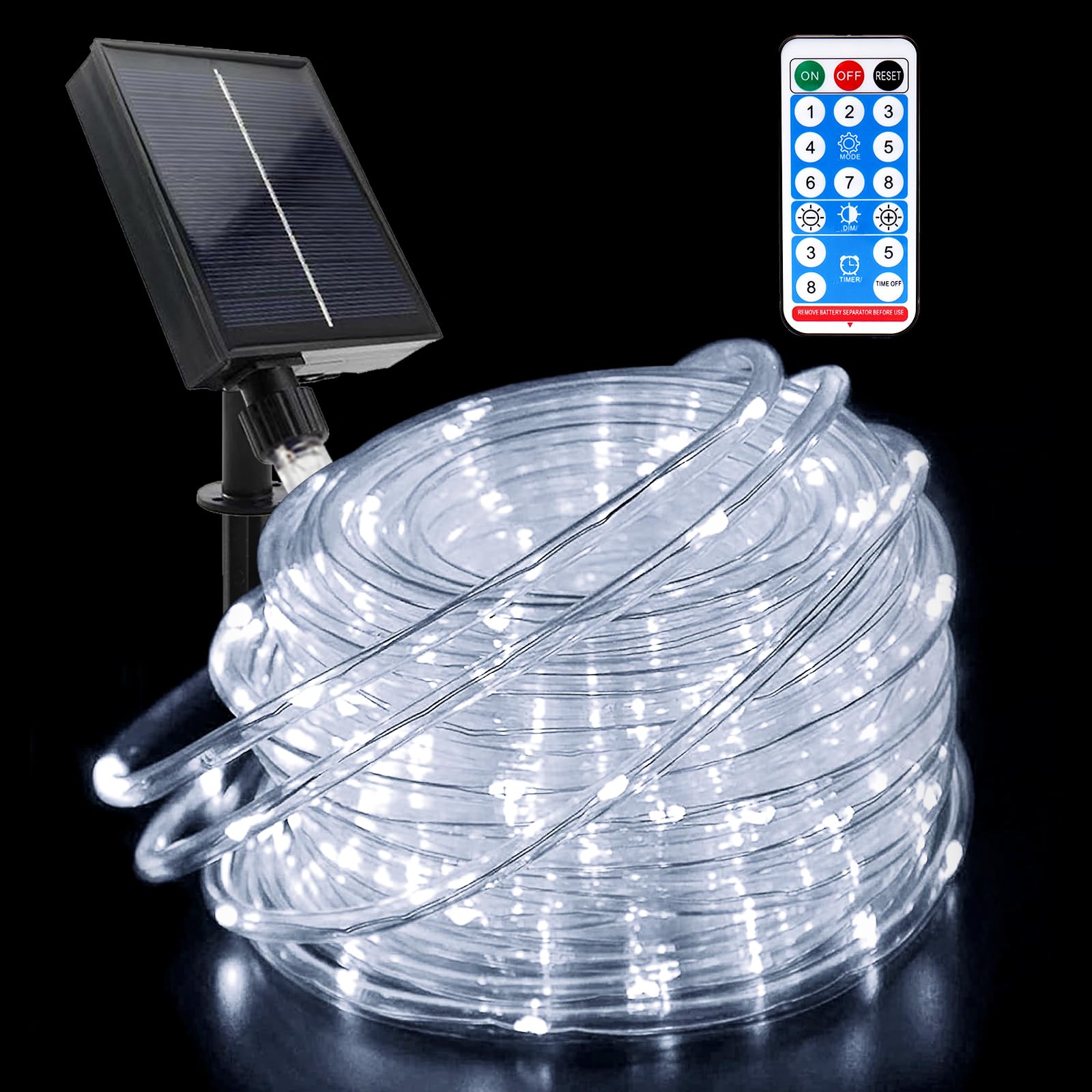 GHONLZIN Solar String Lights Outdoor Rope Lights 65.6ft 8 Modes 200 LEDs Solar Powered Waterproof Rope Lights with Remote for Garden Wedding Christmas Party Holiday Decorations (22M-White)