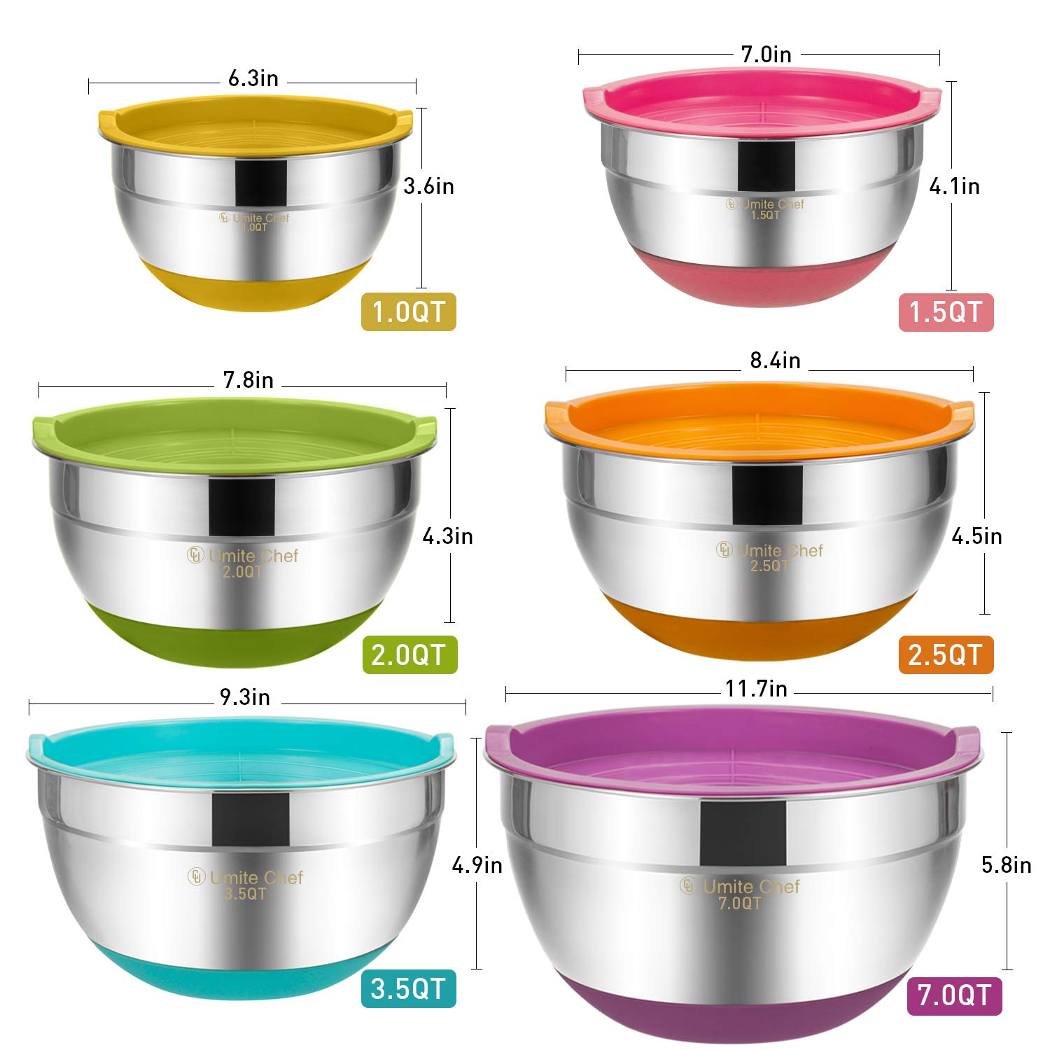 Umite Chef Mixing Bowls with Airtight Lid, 6 Piece Stainless Steel Metal Bowls