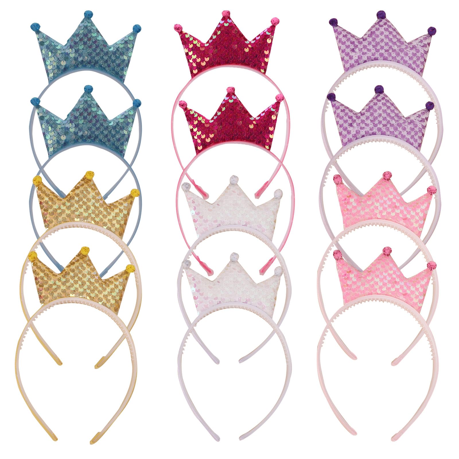 Chihutown 12Packs Princess Crown Headband, Multi-Color Glitter Sequin Princess Headband, Non-Slip Hair Crown for Birthday Parities (Colorful)