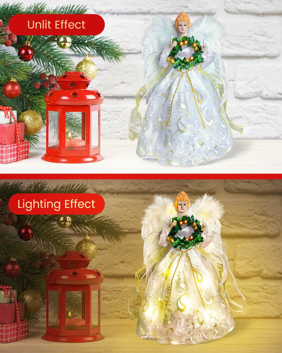 Angel Tree Topper with Lights | 12 Inch Christmas Angel Tree Topper with Feather Wings | Battery Powered Christmas Tree Toppers Lighted for Vintage Decor | Xmas Tree Topper Ornament, White