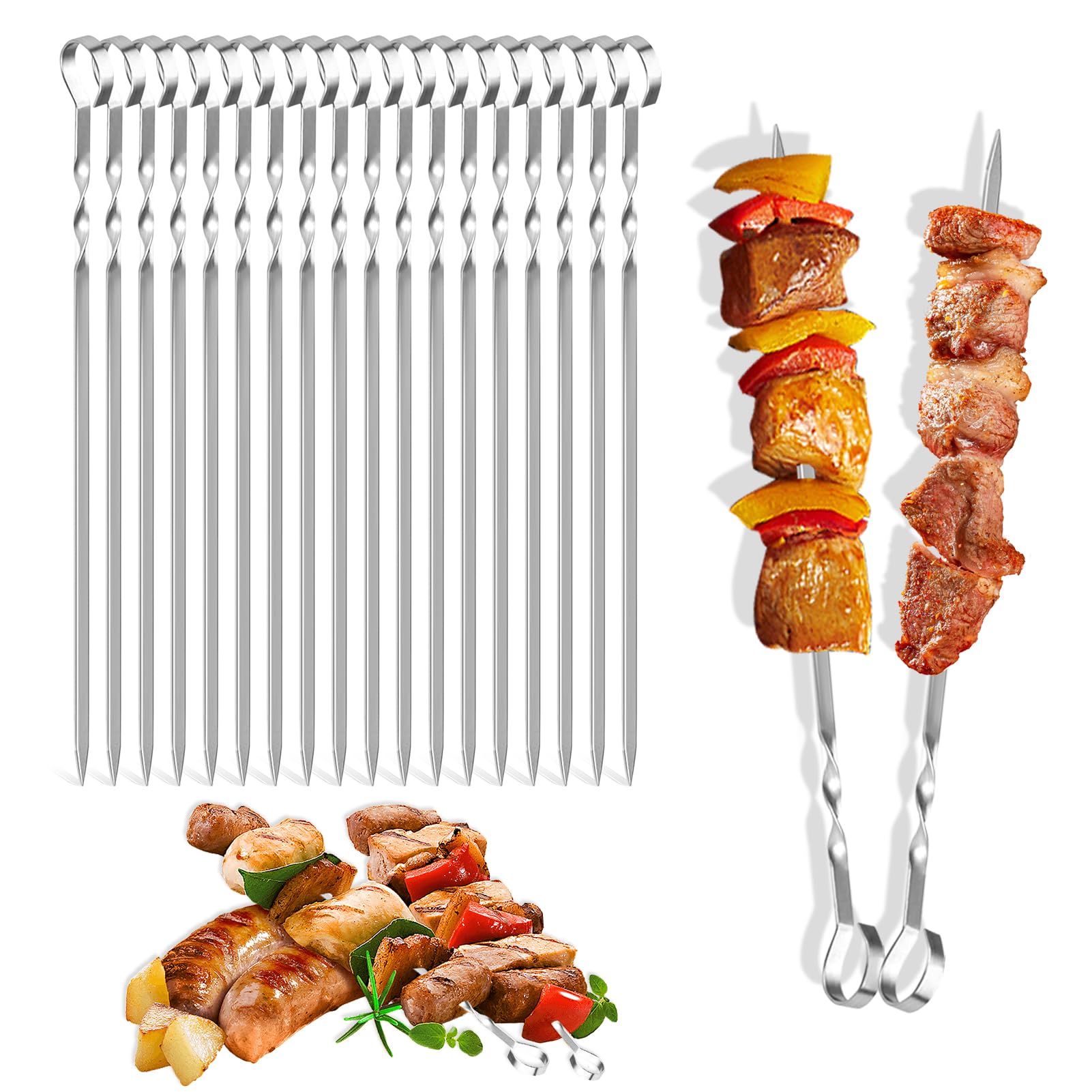 Pack of 20 Stainless Steel Barbecue Skewers, 28 cm Grill Kabob Skewers, Flat Stainless Steel Barbecue Skewers, Avoid Rusting, for Outdoor and Garden Barbecue Parties