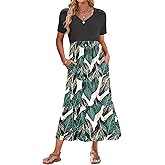 AUSELILY Summer Dresses Women 2025 Flowy Short Sleeve Maxi Dress V Neck Casual Tiered Sundress with Pockets