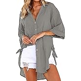 Bozanly Casual V Neck 3/4 Sleeve Button Down Shirts High Low Oversized Summer Beach Blouse Tops for Women