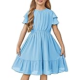 Arshiner Girls Dresses Formal Ruffle Sleeve Elegant Chiffon Party Pleated Casual Swing Dress with Pockets for 5-12 Years