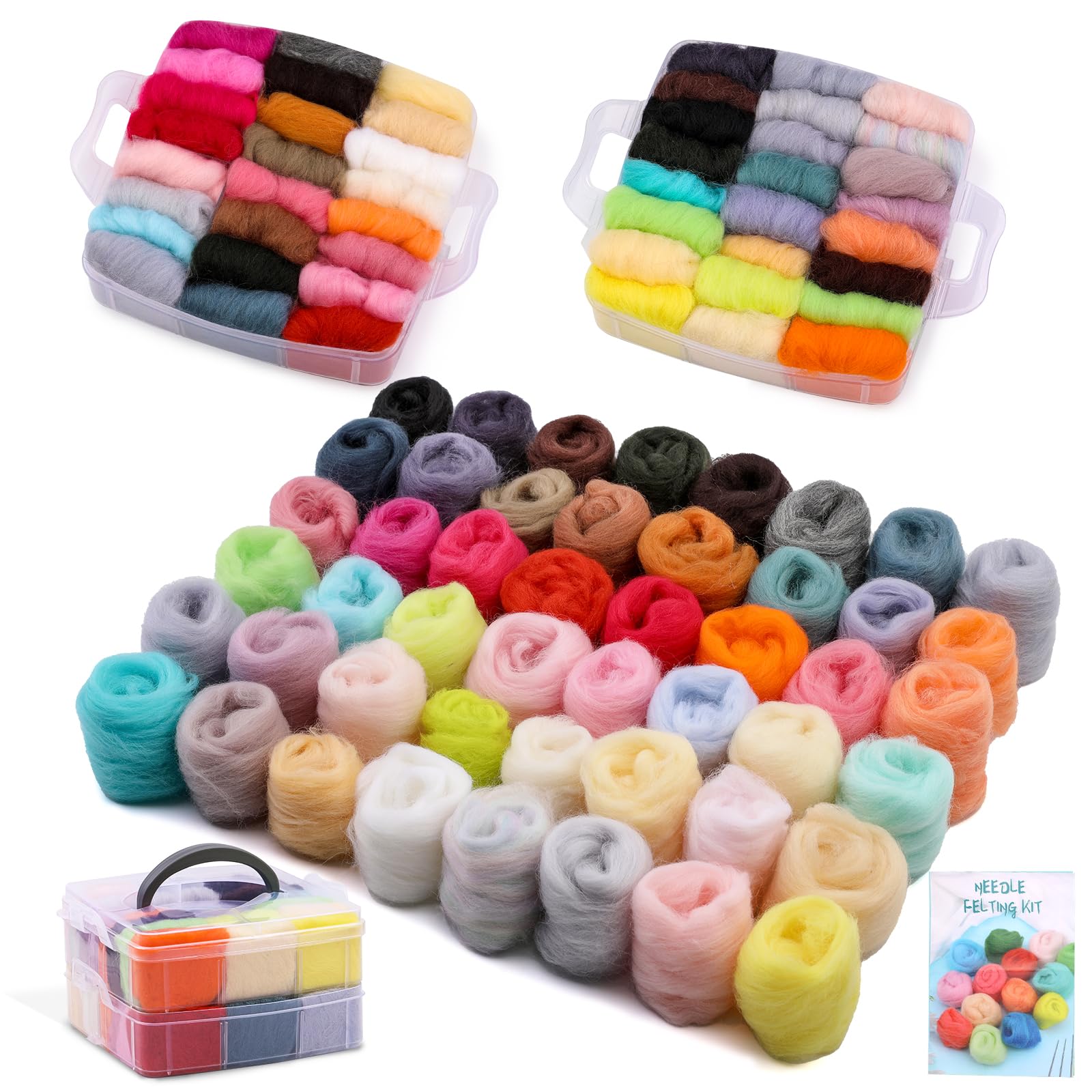 Axmru Needle Felting kit Needle Felting Wool Roving Wool Suitable for Beginner - 48 Colors Wool Roving Yarn with 2-Layer Transparent Storage Box for DIY Creations