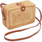 CrazyPiercing Wicker Round Square Crossbody Rattan Bag, Women Boho Bag Clutch Woven Handbag