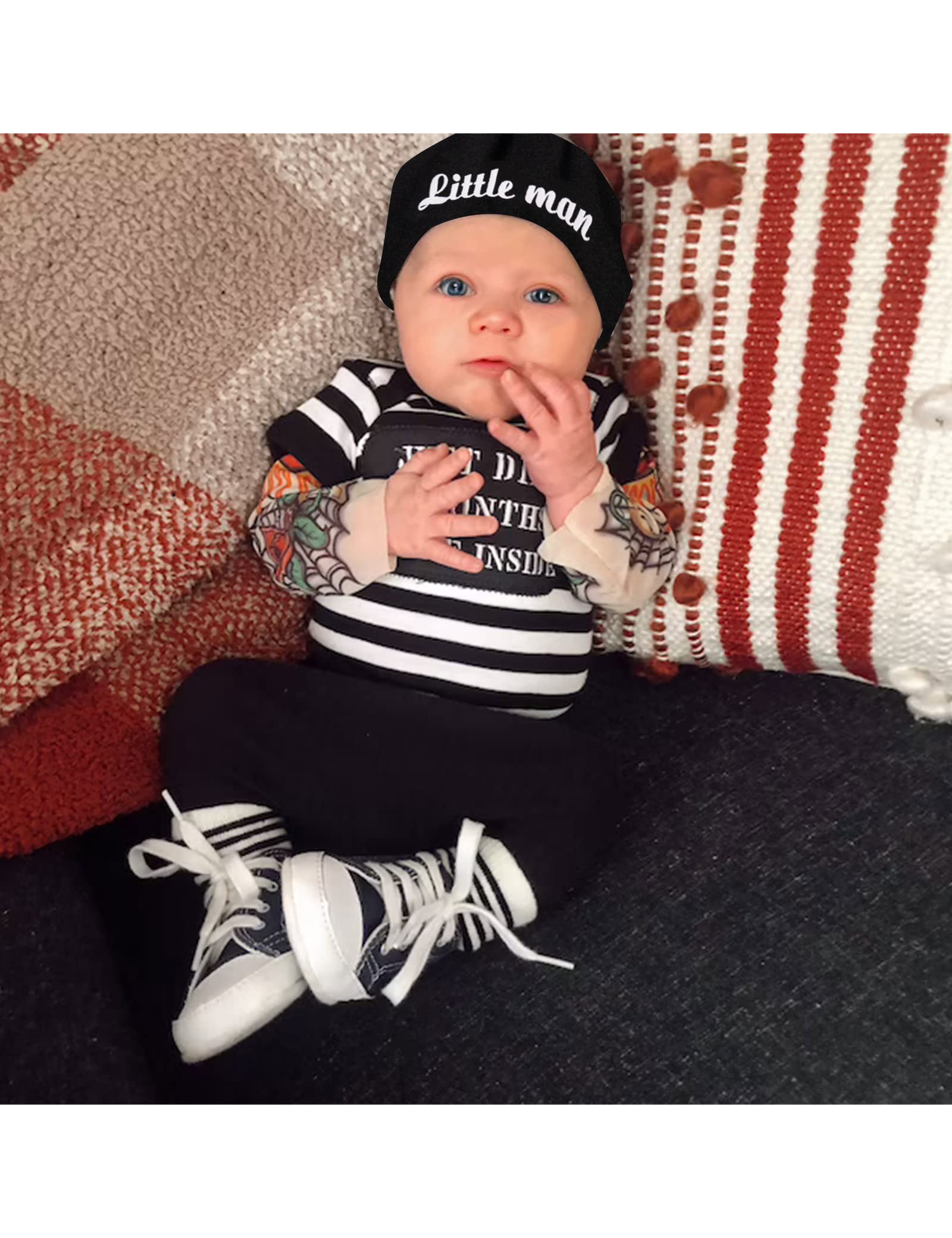 Fommy Baby Boy Clothes Tattoo Sleeve Funny Romper Bodysuit+Pants 3PCS Infant Outfits Set