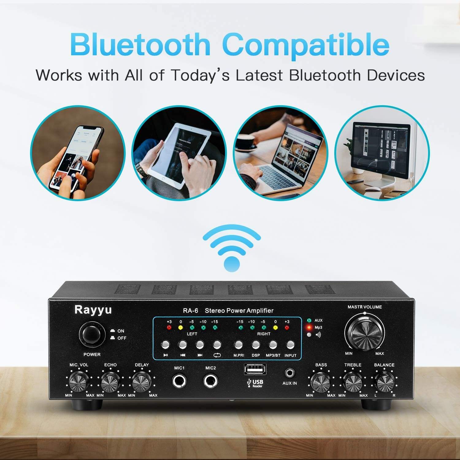 Rayyu Professional Digital Stereo Reverb MP3 Amplifier, Bluetooth Compatible Home Audio Power Amplifier，App Control，2x30W Mini Dual Channel，1/4”Microphone Input Jacks, Compact with USB/AUX RA-6: Home Audio & Theater