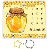 F-FUN SOUL Monthly Milestone Blanket, 48x40in, Bees Baby Blanket Honey Honeycomb Nursery Blankets, Newborn Mom Gifts, Baby Shower Age Growth Tracker with Bonus Maker