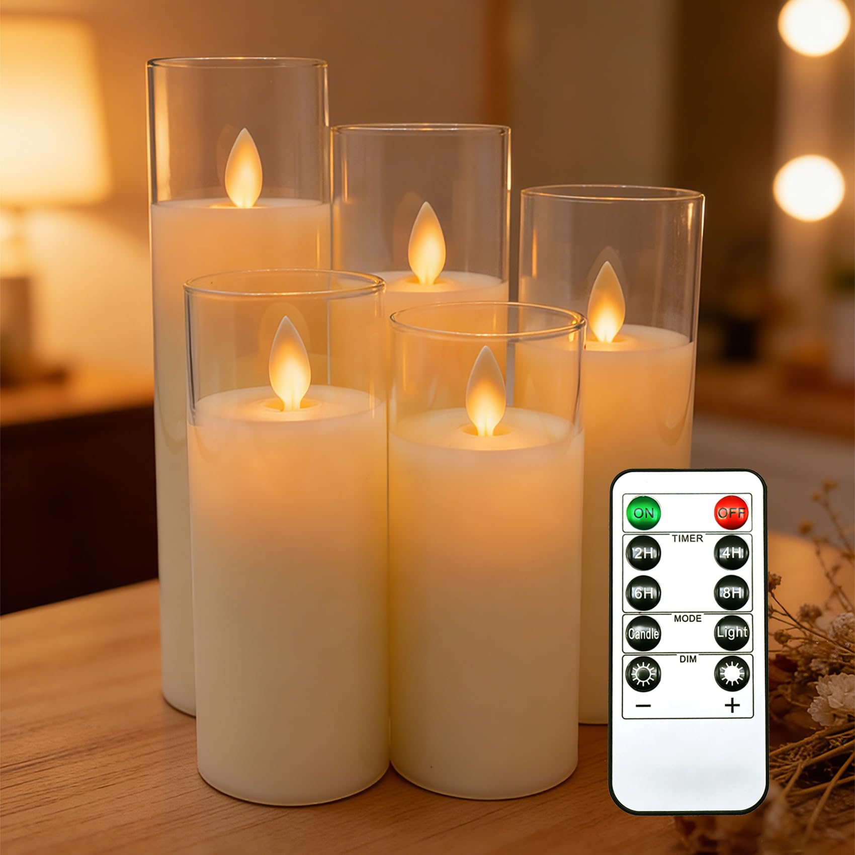 Da by Flameless Candles with Glass Effect H 13/14/16/18/20 cm Set of 5 Drip-Less Real Wax Pillars Include Realistic Dancing LED Flames and 10-Key Remote Control with 24-Hour Timer Function