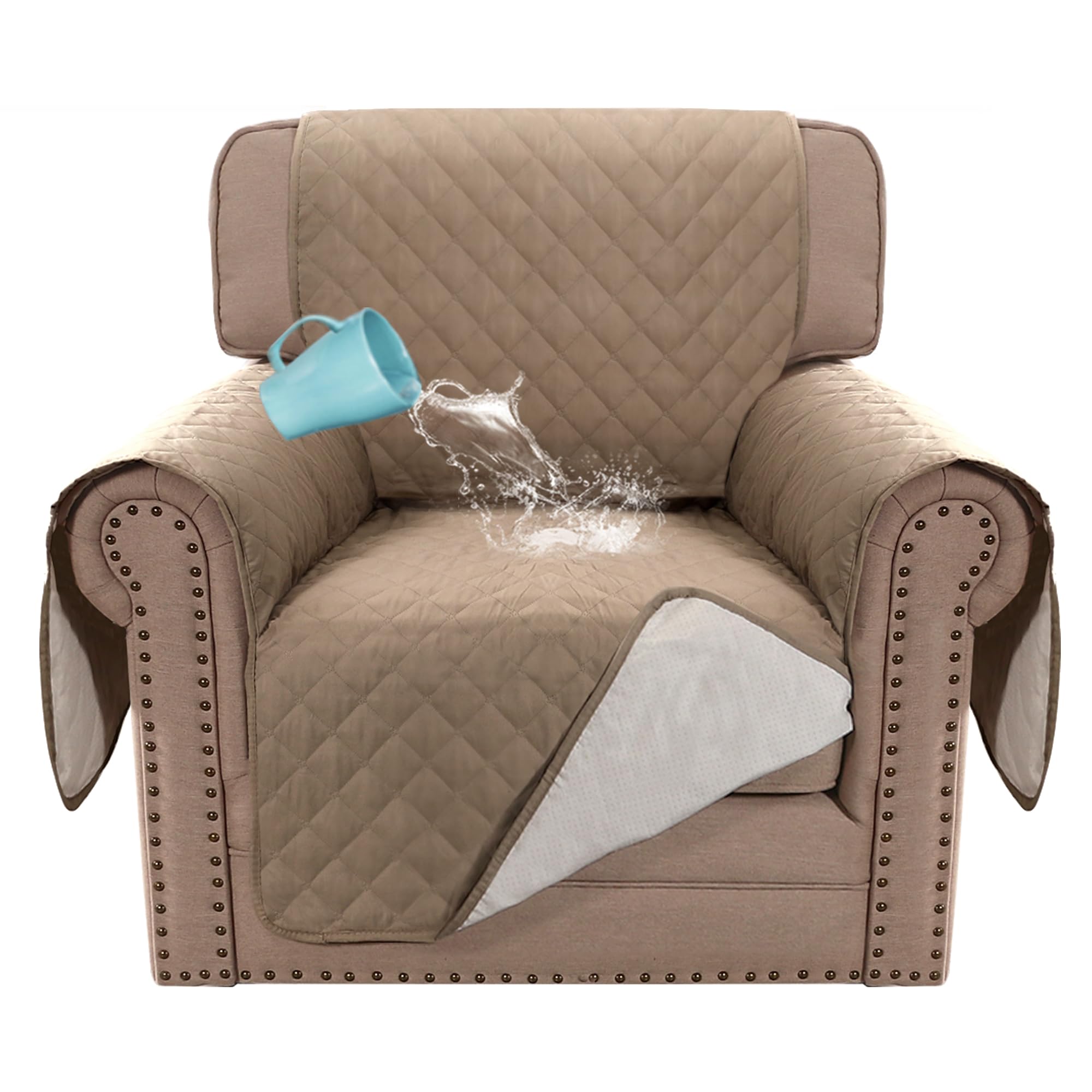 BellaHills Sofa Cover 100% Waterproof Sofa Covers 1 Seater Armchair Covers Triple Non-Slip Sofa Slipcovers for 1 Cushion Chair Washable Sofa Protector for Kids/Pets (Chair 23",Khaki) โ image 1