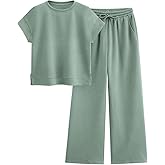 PRETTYGARDEN 2 Piece Outfits For Women Casual Tracksuit Short Sleeve Tops And Wide Leg Long Pants Matching Lounge Sets