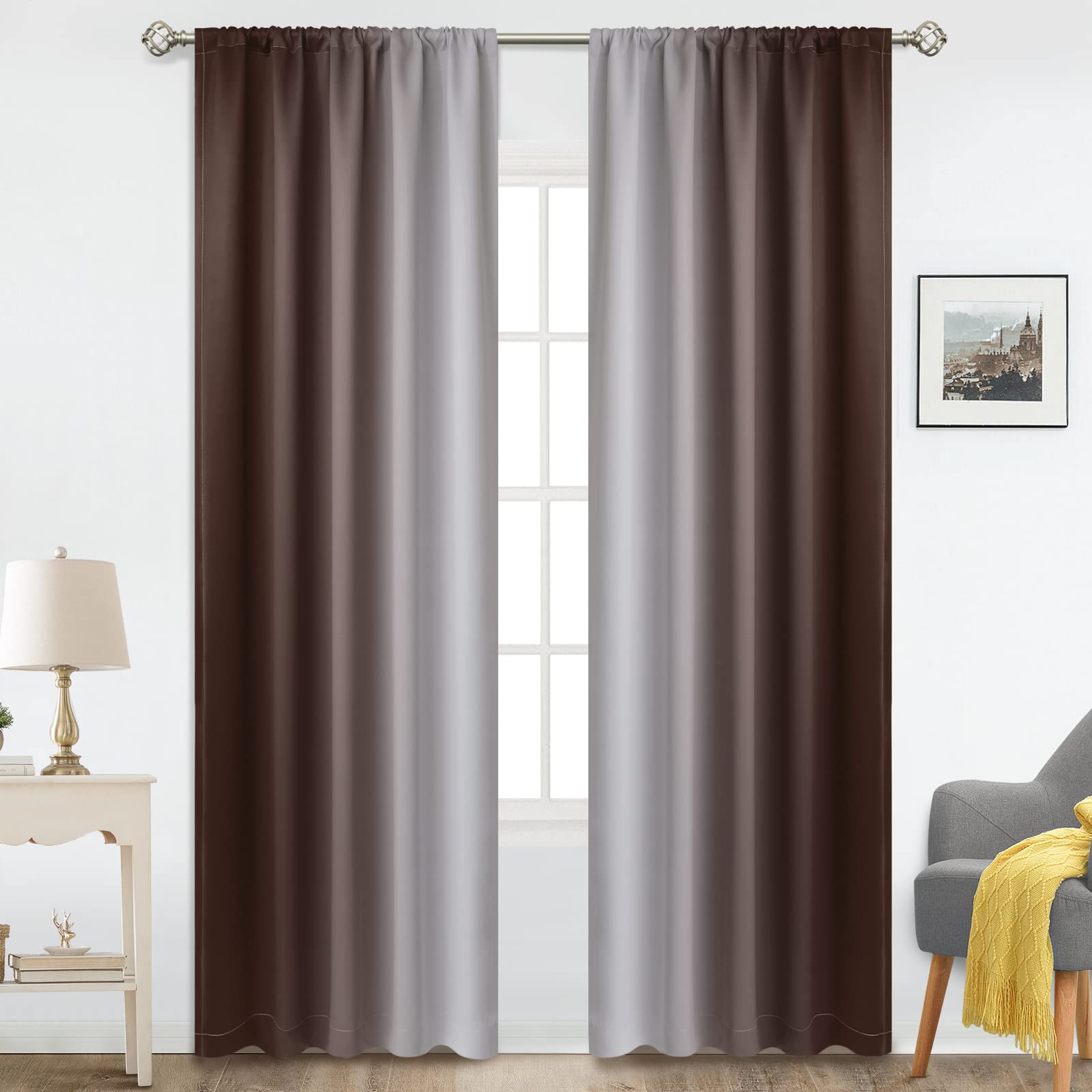 COSVIYA Rod Pocket Ombre Room Darkening Curtains 84 inch Length 2 Panels, Brown and Grayish White Gradient Drapes Light Blocking Insulated Thermal Window Curtains for Bedroom/Living Room,52x84 inches
