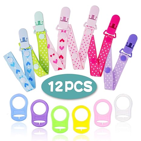 12PCS Schnullerband Baby mit Silikonring für Schnuller, Schnullerketten clip für Lätzchen Dreieckstuch Sauger Schnuller für B