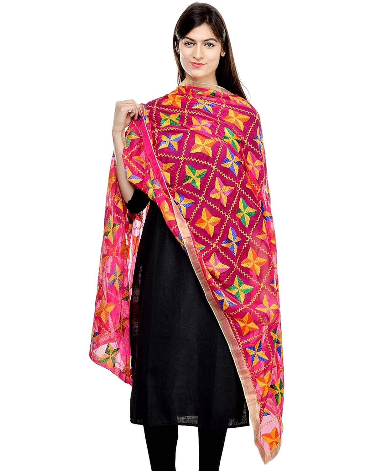 generic women's amritsari magents colour art chiffon phulkari dupatta (ka56789, pink, medium)