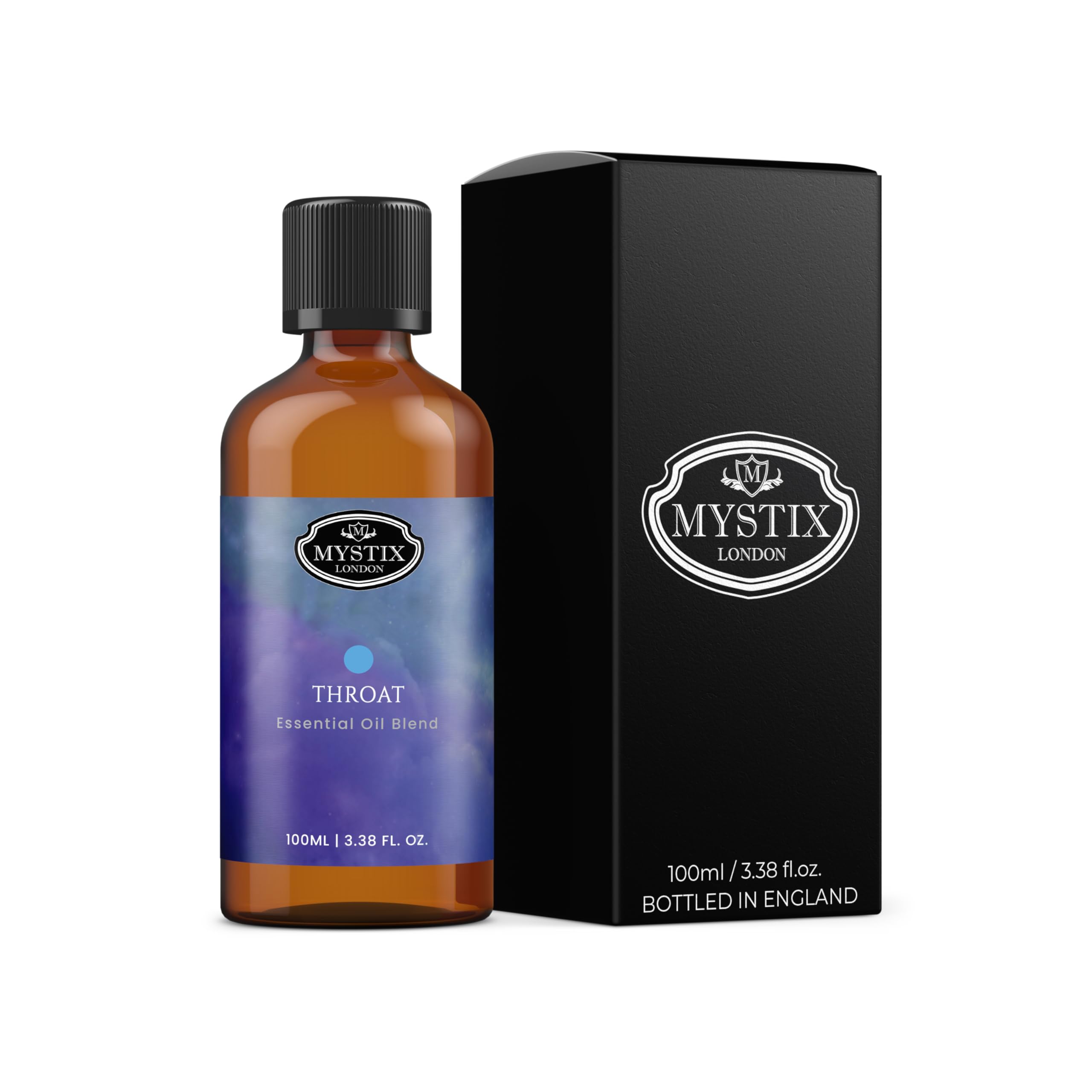 Mystix London | Throat Chakra Essential Oil Blend 100ml | Chamomile | Eucalyptus | Hyssop | Lemon | Rosemary | Fresh Herbaceous Aromatherapy Oil | for Diffusers & Massage | Vegan, GMO Free