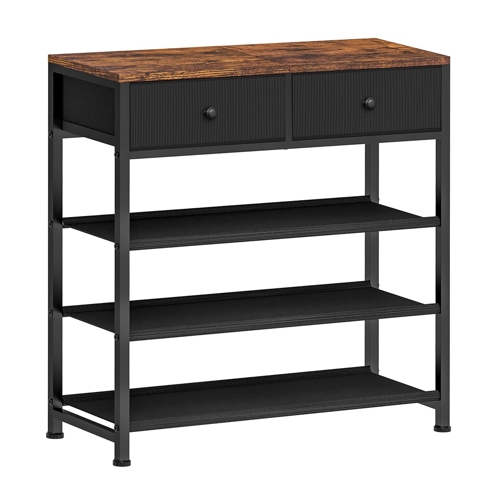 Photo 1 of Usikey 4 Tier Shoe Rack With 2 Drawers, Metal Shelf for 9-12 Pairs, 3 Fabric Shelves and Wooden Top, Storage Organizer Stand for Closet Entryway, Black