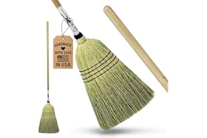 PEACEFUL CLASSICS Handmade Amish Corn Broom with Wooden Handle – 57" Heavy Duty Broom for Courtyard, Lobby & Market, 100% Corn Fill Straw Broo'm, 4 Sews Indoor & Outdoor Bristle for Sweeping - Yellow