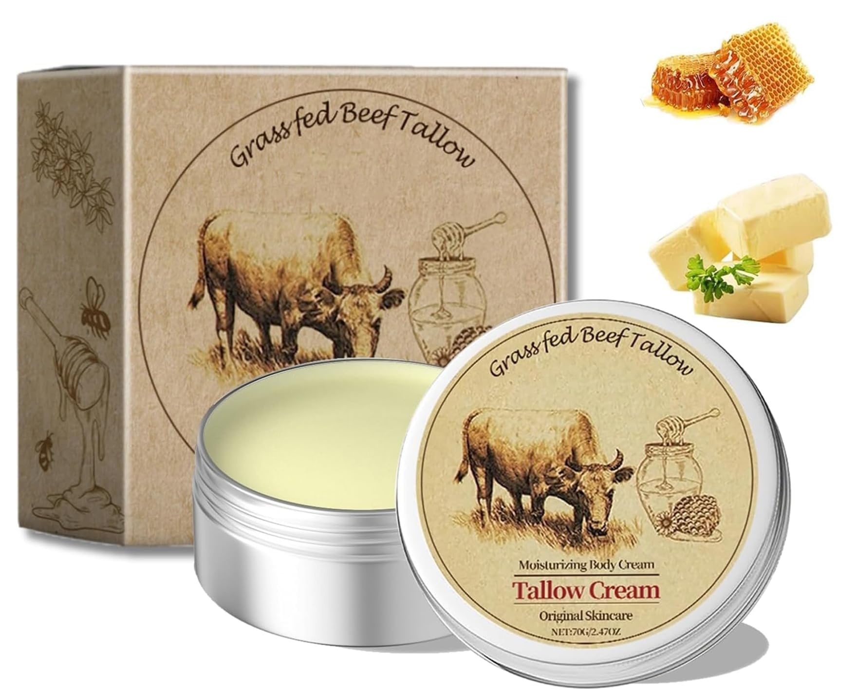 Beef Tallow Skin Care, Honey Beef Tallow Moisturiser Cream, Natural Beef Tallow Lotion for Skin Care,Nourishes The Skin,Lasting Moisturizing,Pure Cream Tallow Honey Balm(70g)