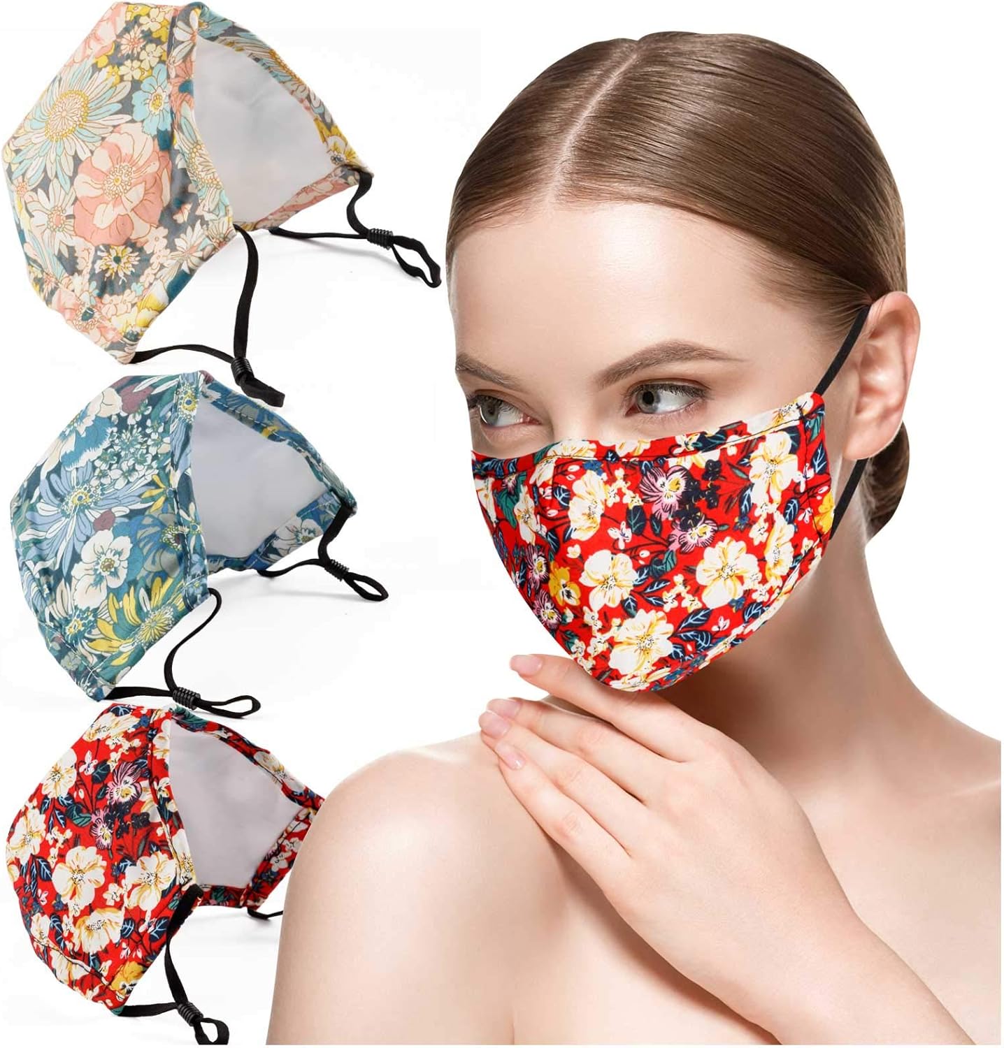 Fashion Flower Print Face Masks with Filter Slot Reuseable Washable
