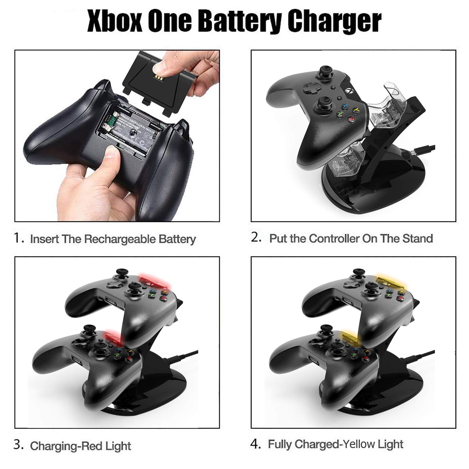 Xbox One Controller Charger, Xbox One /One S / One Elite Controller Charging Station with 2 Pack Xbox Rechargeable Battery for Xbox Wireless Controller Kit