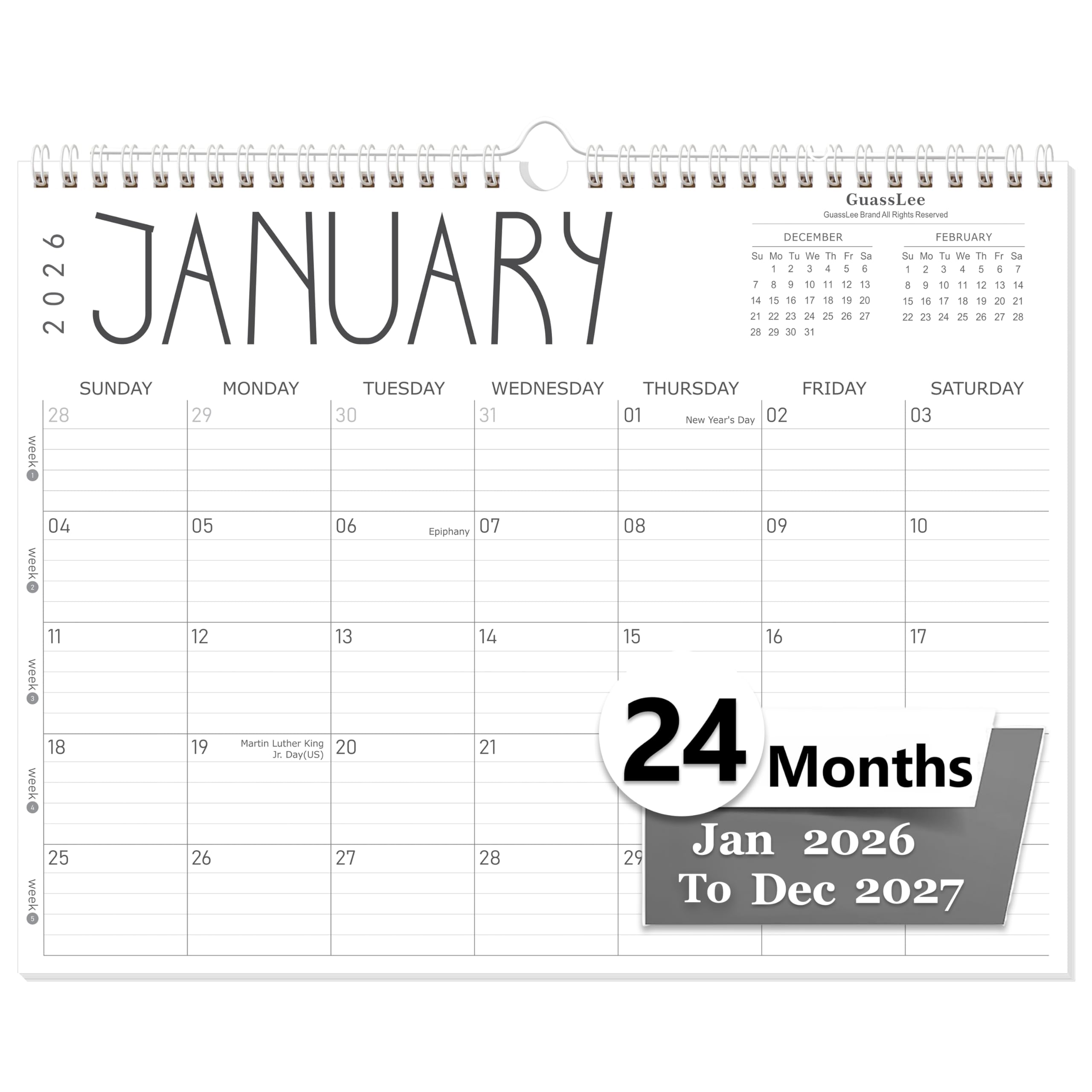 Photo 1 of GuassLee Wall Calendar 2026-2027, 24-Month Wall Calendar Runs from January 2026 until December 2027,14" X 11" Hanging Monthly Planner with Thick Paper, Ruled Blocks for Home School Office Organizing