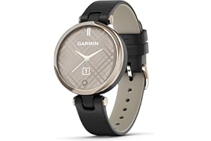 Garmin Lily™, Small GPS Smartwatch with Touchscreen and Patterned Lens, Light Gold with Black Leather Band