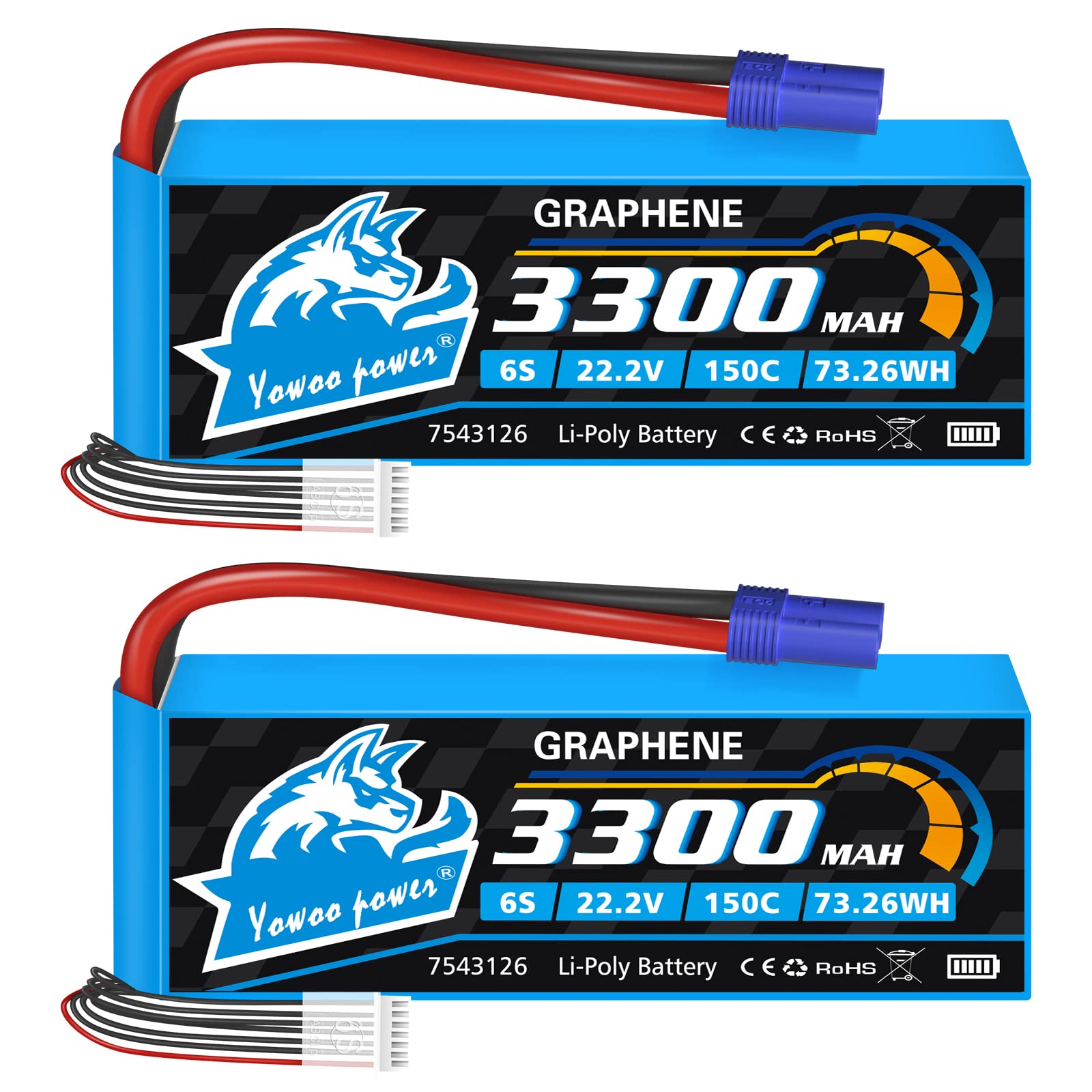 Photo 1 of Yowoo 2 Packs 6S Lipo Battery 22.2V 150C 3300mAh Graphene Battery with EC5 Plug Connector for Airplane Helicopter RC Model Vehicles Car Trucks Truggy Boat