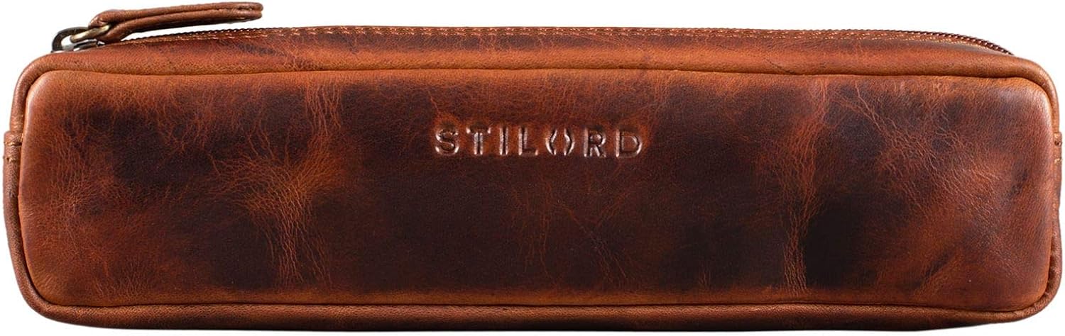 STILORD "Preston" Pencil Case Leather Vintage Pen Pouch Round Organiser Gift for Women Men Stationary Slim in Genuine Leather Colour:Kara - Image 4