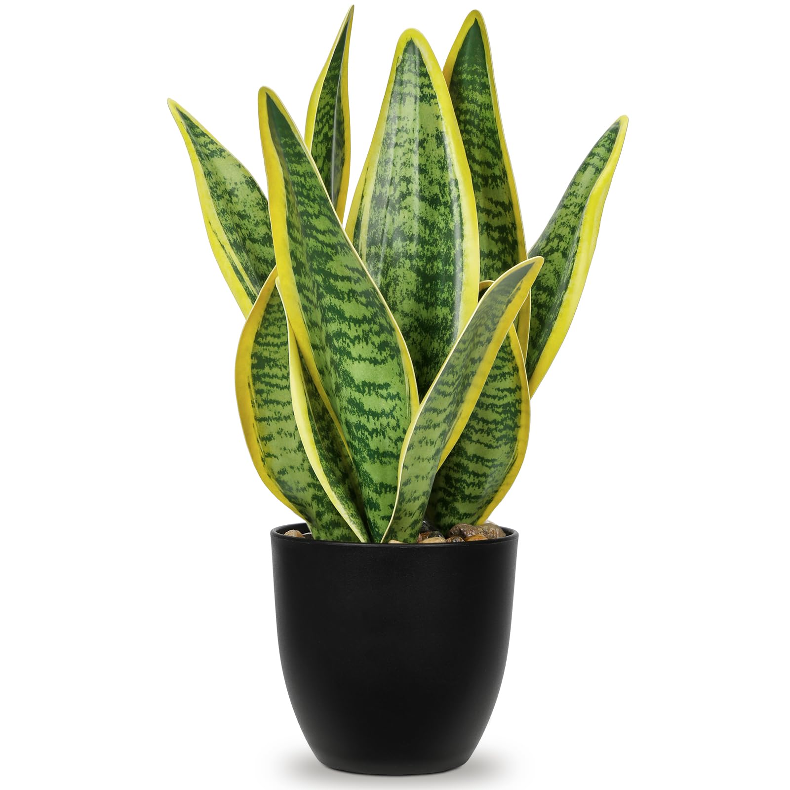 Photo 1 of Hollyone Artificial Snake Plant Potted Faux Sansevieria Trifasciata Plants, 13" Tropical Fake Snake Plants in Black Pots for Home Office Room Indoor Decor Housewarming Gifts