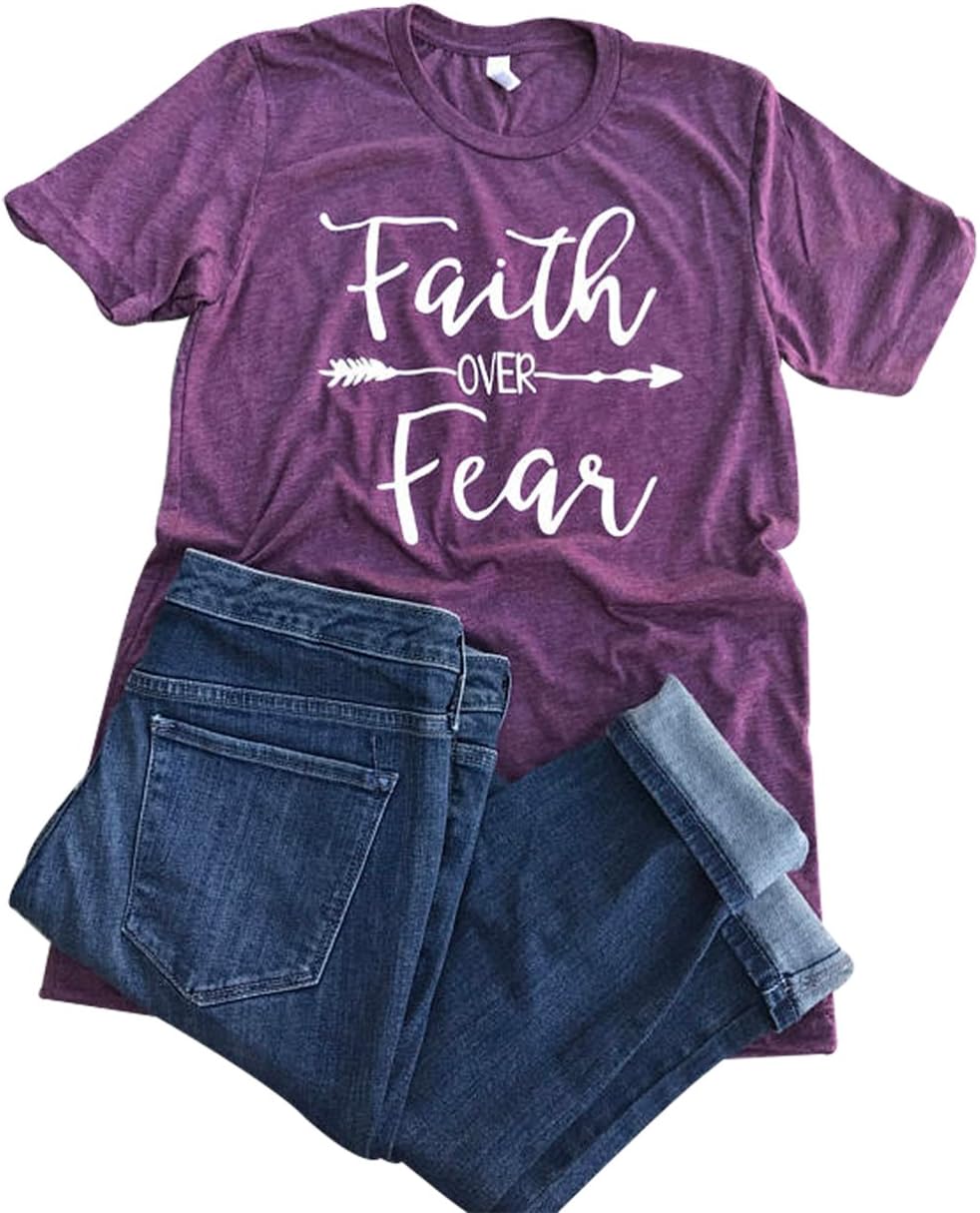 Women's Faith Over Fear Arrow Letters Print V Neck Short Sleeve Summer T Shirt