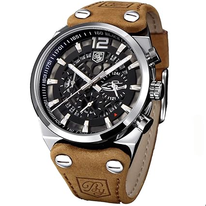 XANGMO Mens Big Dial Quartz Sport Watches Brown Leather Band Chronograph Luminous Skeleton Military Wrist Watch for Men - Brown