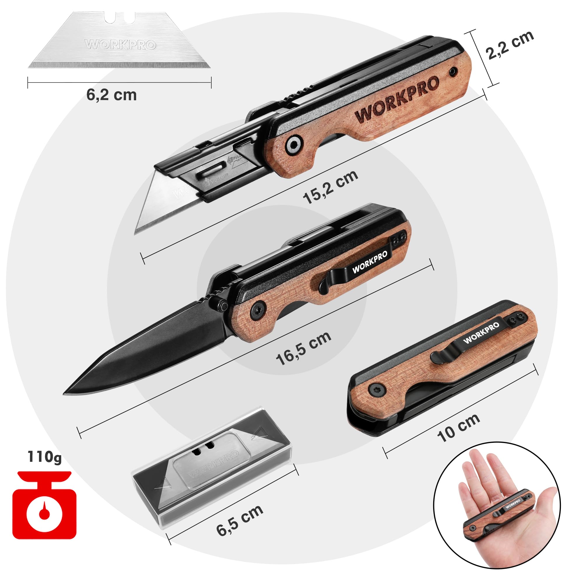 WORKPRO 2-IN-1 Taschenmesser klappbares Universalmesser, Klappmesser aus Aluminium, Faltbares Cuttermesser mit Holzgriff & Gürtelclip, Liner Lock, Schnellwechseln, inkl. 10 zusätzlichen Klingen 2