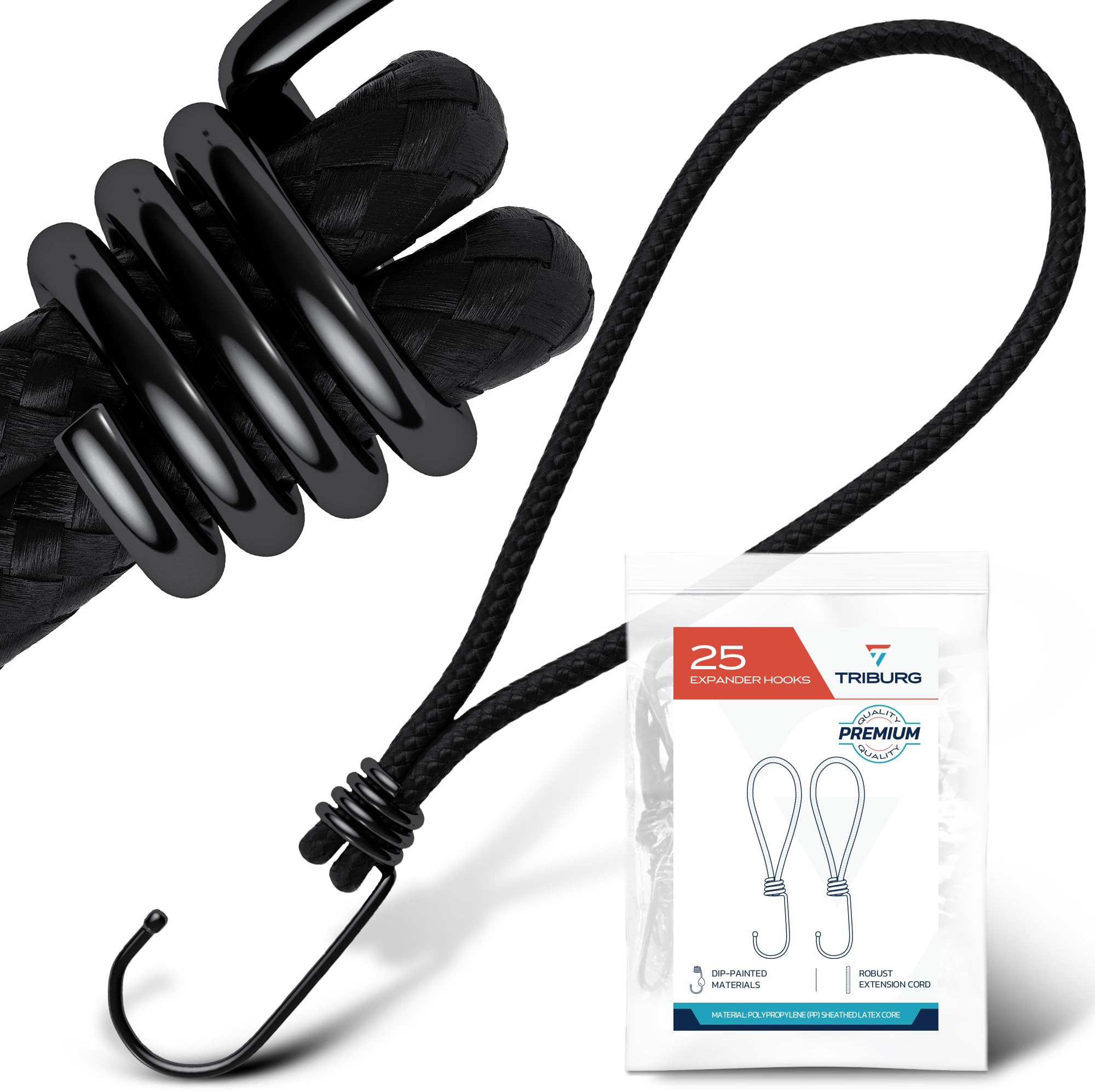 TRIBURG Bungee Cords with Hooks, 25 Pieces (18 cm), High Performance Rubber Tensioner with J-Hook for Universal Securing