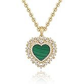 Fettero Necklaces for Women Trendy 14K Gold Plated Charm Necklace Green Malachite Heart Coin Butterfly Cross Clover Pendant Dainty Gold Necklace for Women Jewelry
