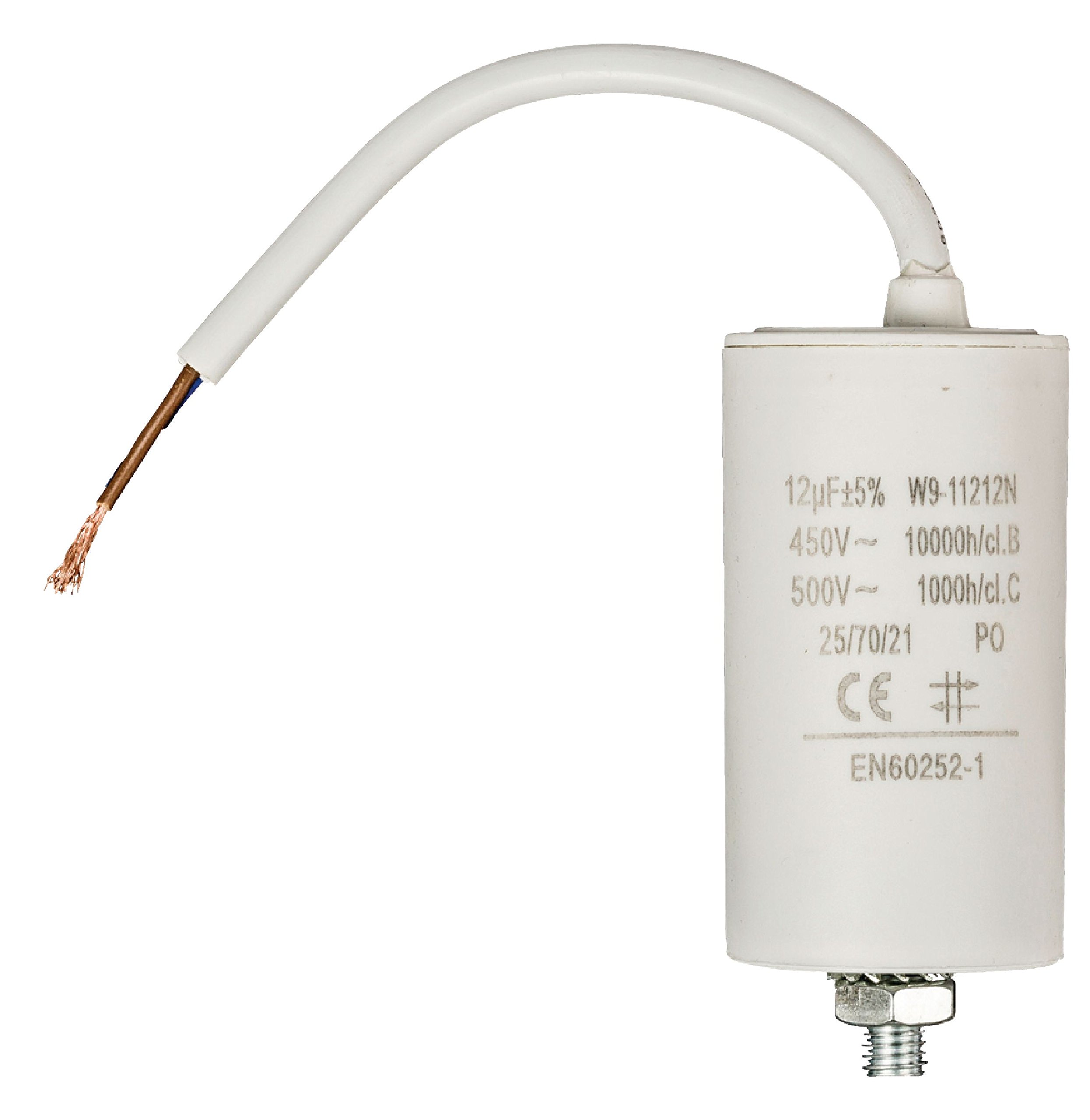 Invero Washing Machine Motor Capacitor 12.0uf - 450V Wired 250mm Cable - Dimensions: 40 x 73 mm - White
