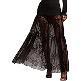 Charming Black See Through Mesh Skirt for Women Tiered Tulle Women Flowy Dress Maxi Vaction Lace Skirt