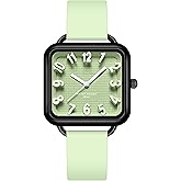 findtime Women Watch 3D Designer Big Arabic Numbers Square Dial Easy to Read Watches Colorful Green Silicone Strap Reloj para Mujer