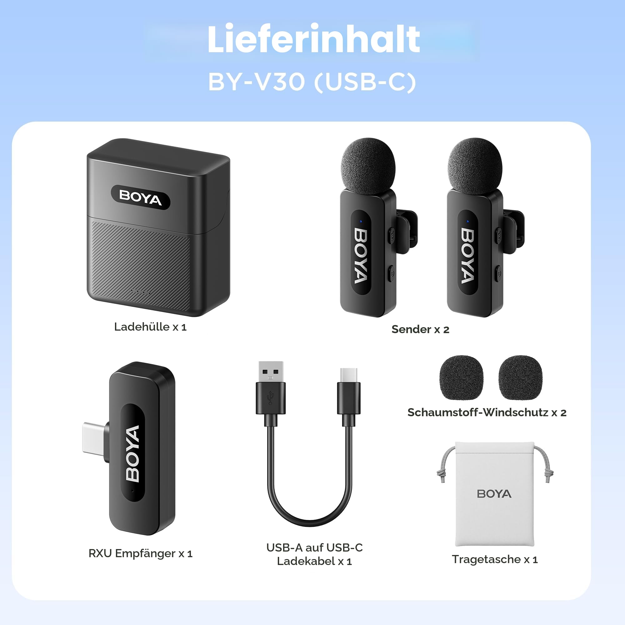 BOYA BY-V30 Mini Mikrofon Handy Kabellos, 100m Reichweite, 2 Pack USB C Wireless Lavalier Mikrofone für Podcast Live Stream Tiktok Vlog Video Aufnahme 7