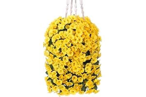 Hoppwodd Artificial Hanging Flowers Baskets Fake Plants for Outdoors Spring Decoration, 4 Bundles Yellow Long Faux Silk Morning Glory Vines Realistic UV Resistant Look Real for Front Door Porch Patio