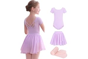 MdnMd Girls Ballet Leotards Combo with Tights Skirt Removable Toddler Ballerina Dance Dresses Soft Outfit Short Sleeve