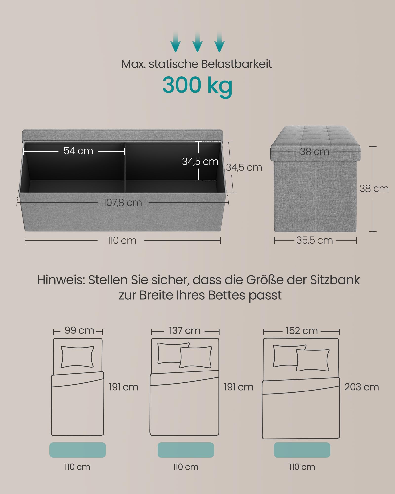 SONGMICS Sitzhocker mit Stauraum, klappbare Sitzbank, 38 x 110 x 38 cm Fußbank, Aufbewahrungsbox, bis 300 kg belastbar, für Wohnzimmer Schlafzimmer Flur, aschgrau LSF77G 4