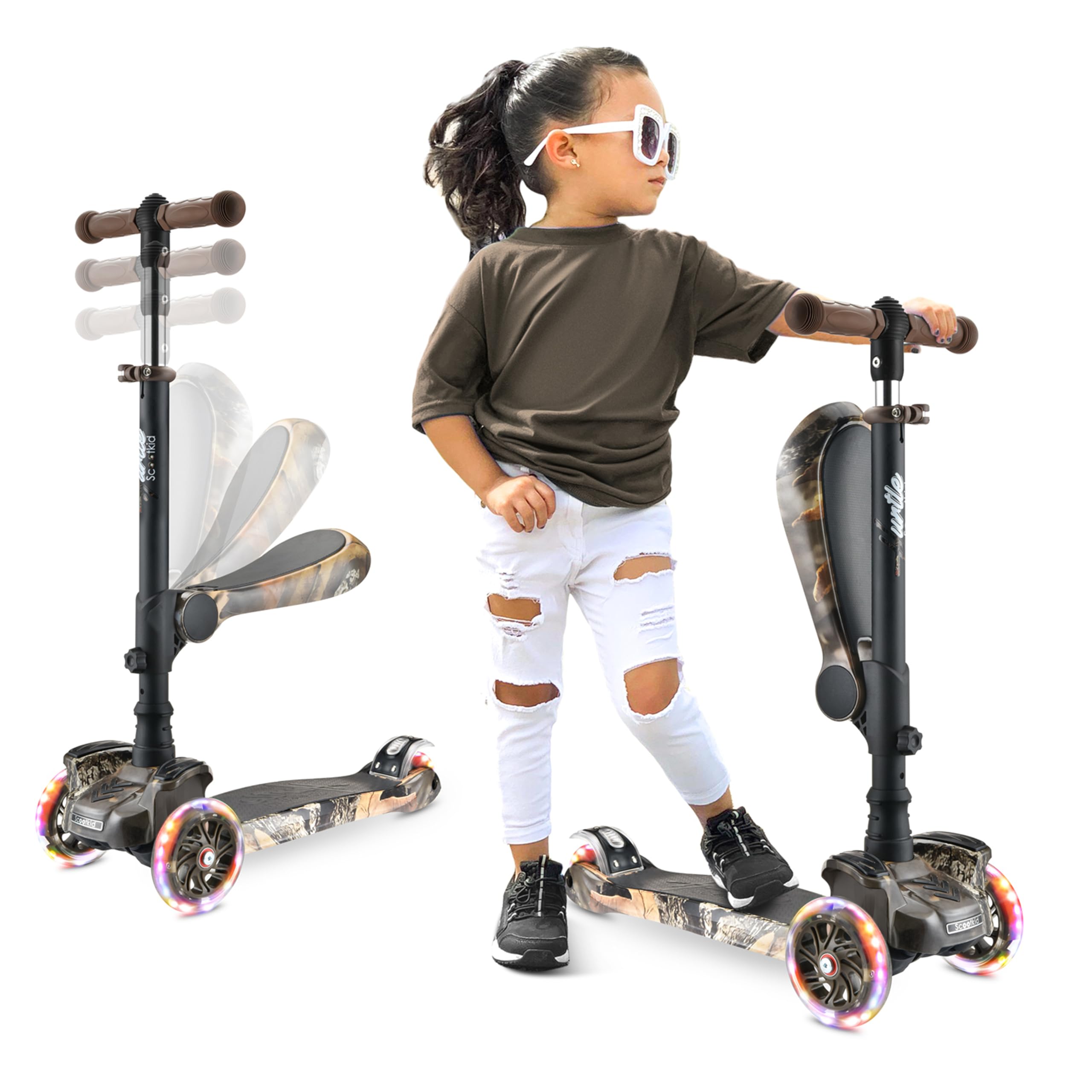 Hurtle 3 Wheeled Scooter for Kids - Tri Scooter, Stand & Cruise Child/Toddlers Toy Folding Kick Scooters w/Adjustable Height, Anti-Slip Deck, Flashing Wheel Lights, for Boys/Girls 2-12 Year Old