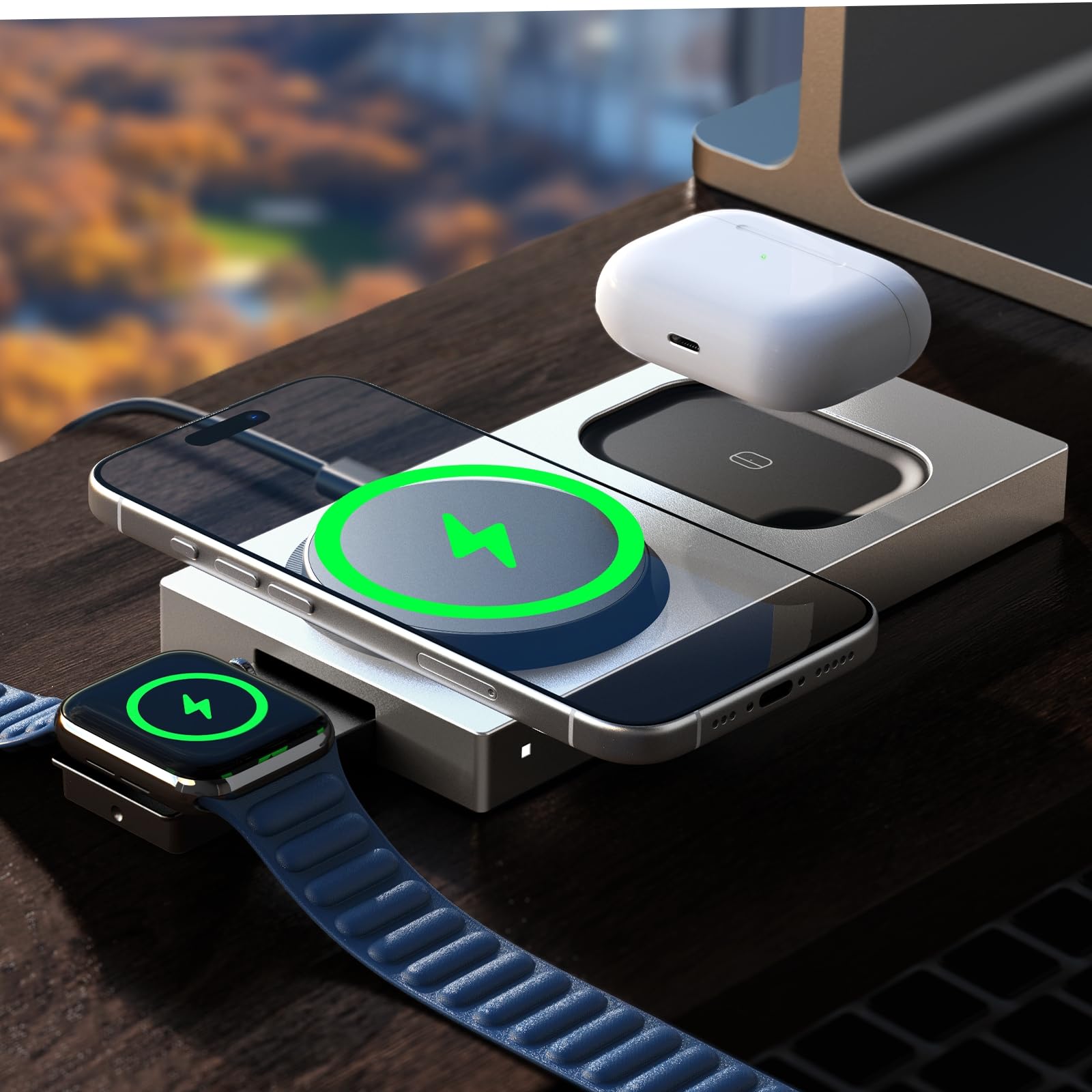 Photo 1 of LISEN Qi2 Charging Station Apple, Magsafe Charger 3 in 1 15W Fast Charging, Magsafe Charger Stand Pad Dock for iPhone and Watch Charging Station for iPhone 16 15 Pro Max Airpods, Gold