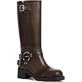 AMINUGAL Knee High Boots Women Square Toe Pull On Wide Calf Riding Fashion Buckles Chunky Metallic Casual Vintage Buckle Rivet